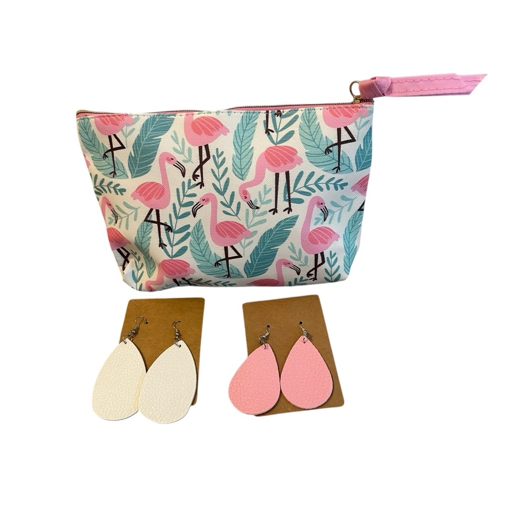 Flamingo Print Makeup Bag with Earrings Set